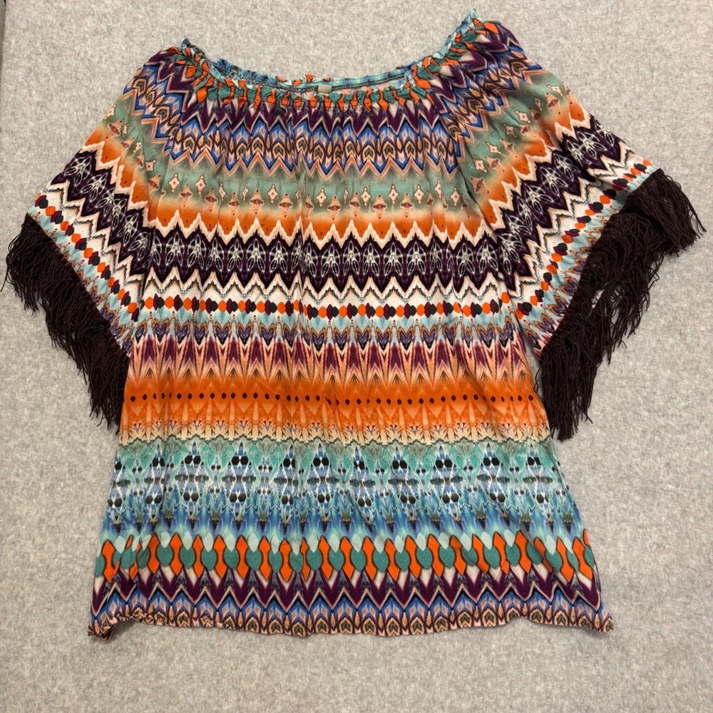 Uncle Frank Womens Large Tribal Chevron Fringe Off Shoulder Rayon Top Boho